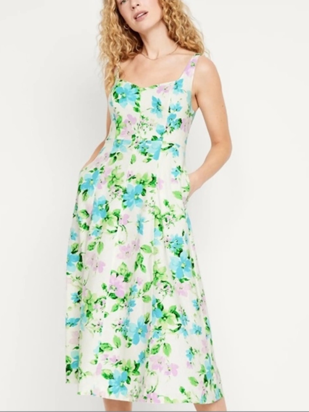 Old Navy Fit & Flare Linen-Blend Floral Midi Dress Size XXL